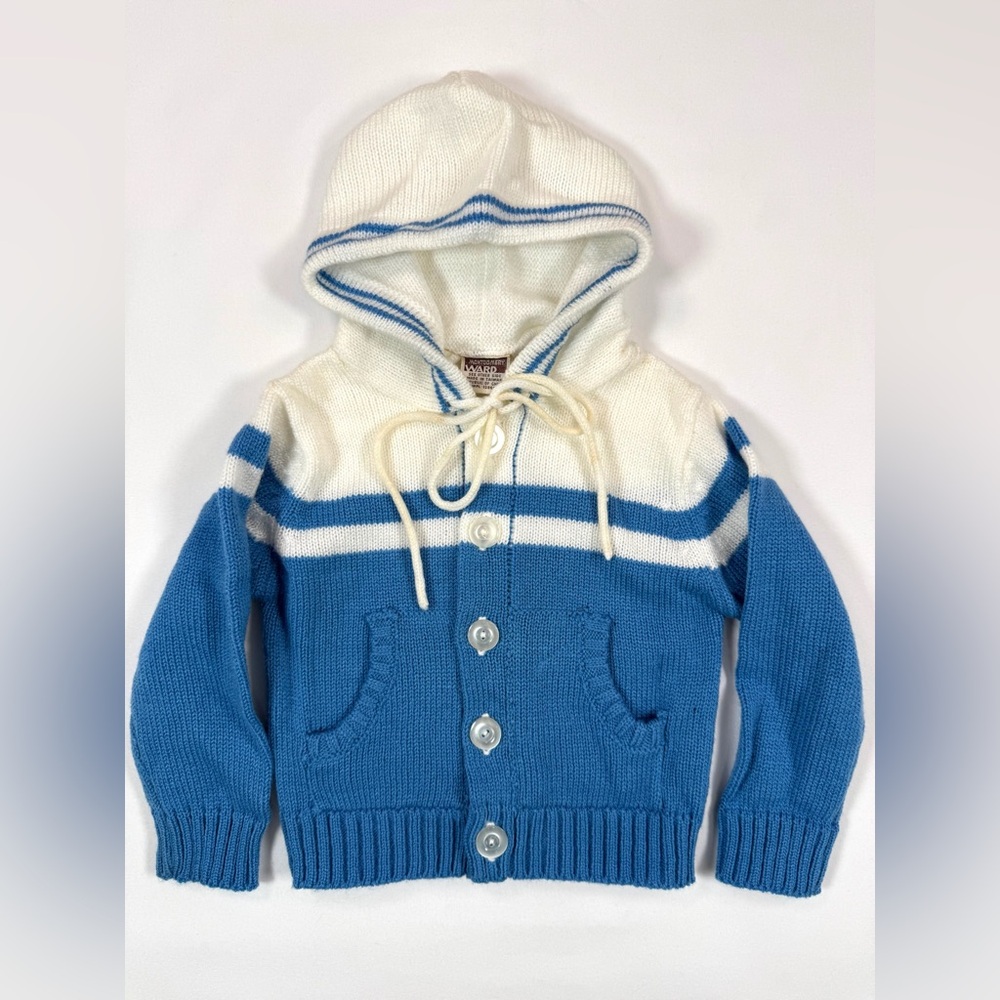 VINTAGE MONTGOMERY WARD Hooded Cardigan 12-18‎ Months Blue White Casual
